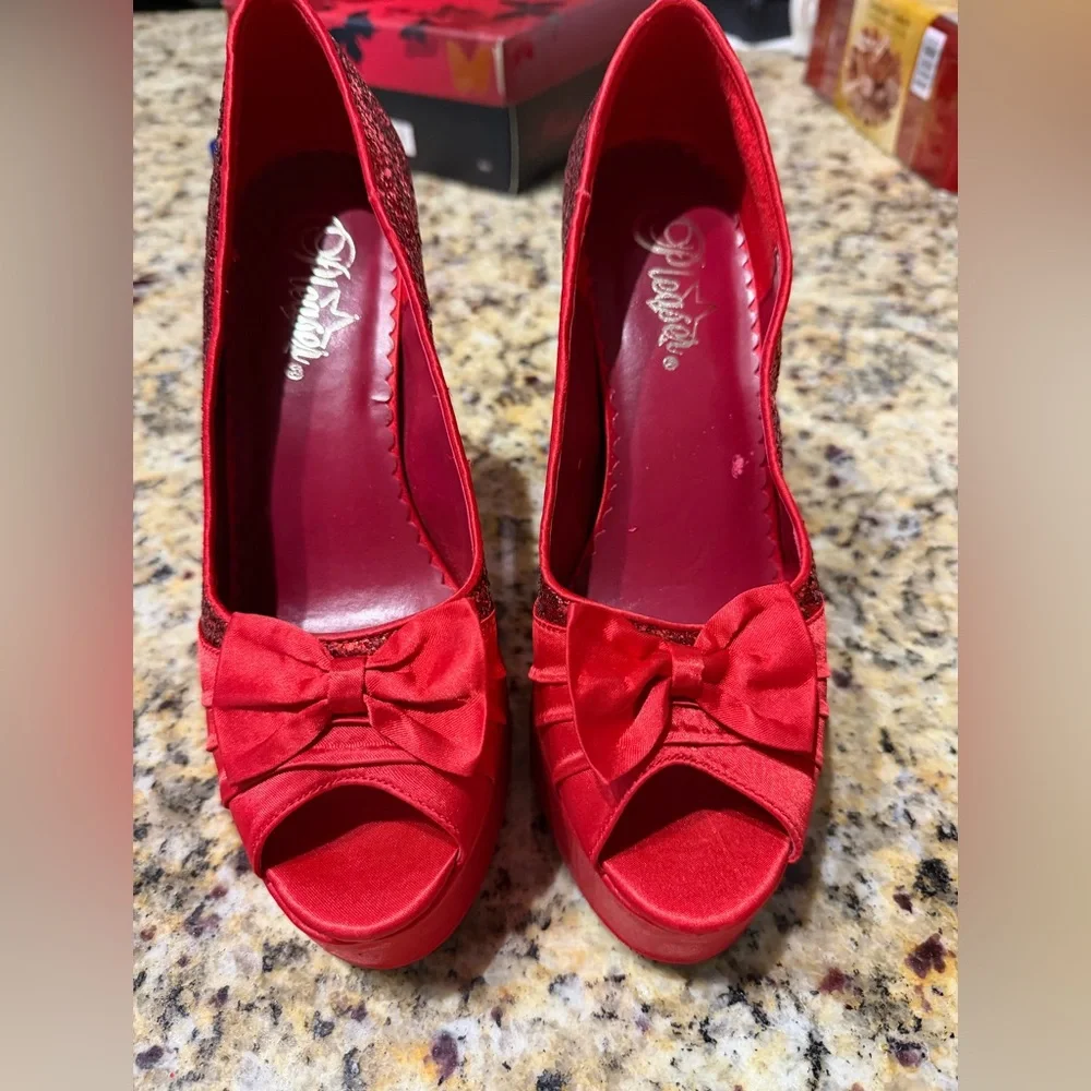 Bordello Pleaser Red Glitter Bow Platform Pumps Dorothy Wizard of Oz Size 8